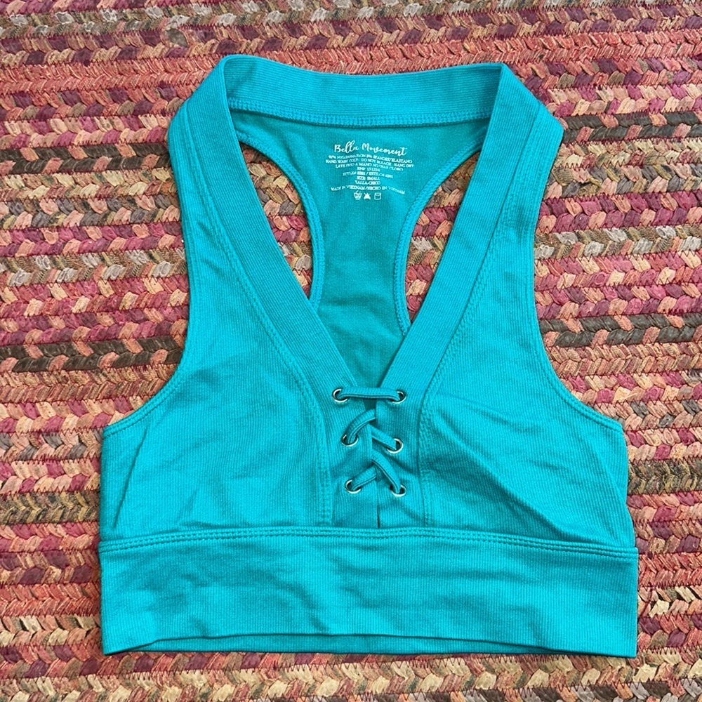 BELLA MOVEMENT TEAL BLUE RIBBED LACE UP RACERBACK SPORTS BRA SEAMLESS
